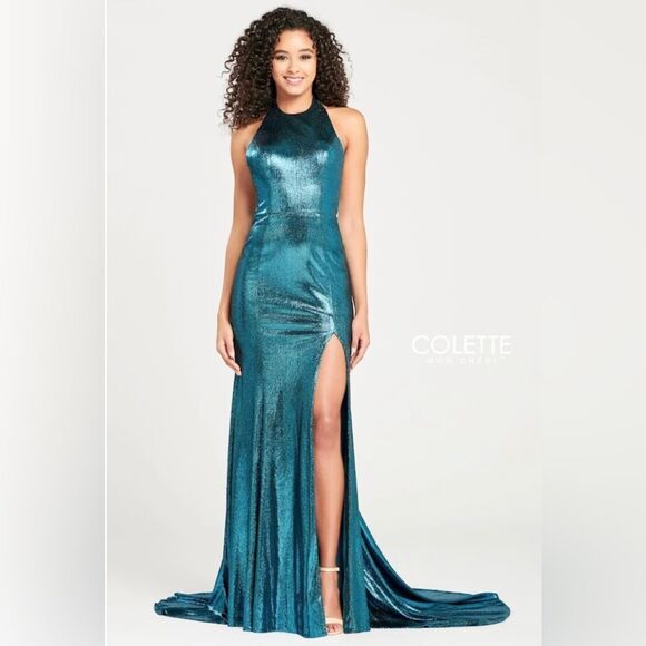 NEW COLETTE for MON CHERI liquid turquoise sparkle gown maxi prom formal dress 4 - Picture 1 of 10